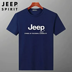 JEEP SPIRIT Mens T-shirt  Summer 100%Cotton 230g Heavy Print  Sports Breathable Round Neck Top  Loose Solid Short Sleeve