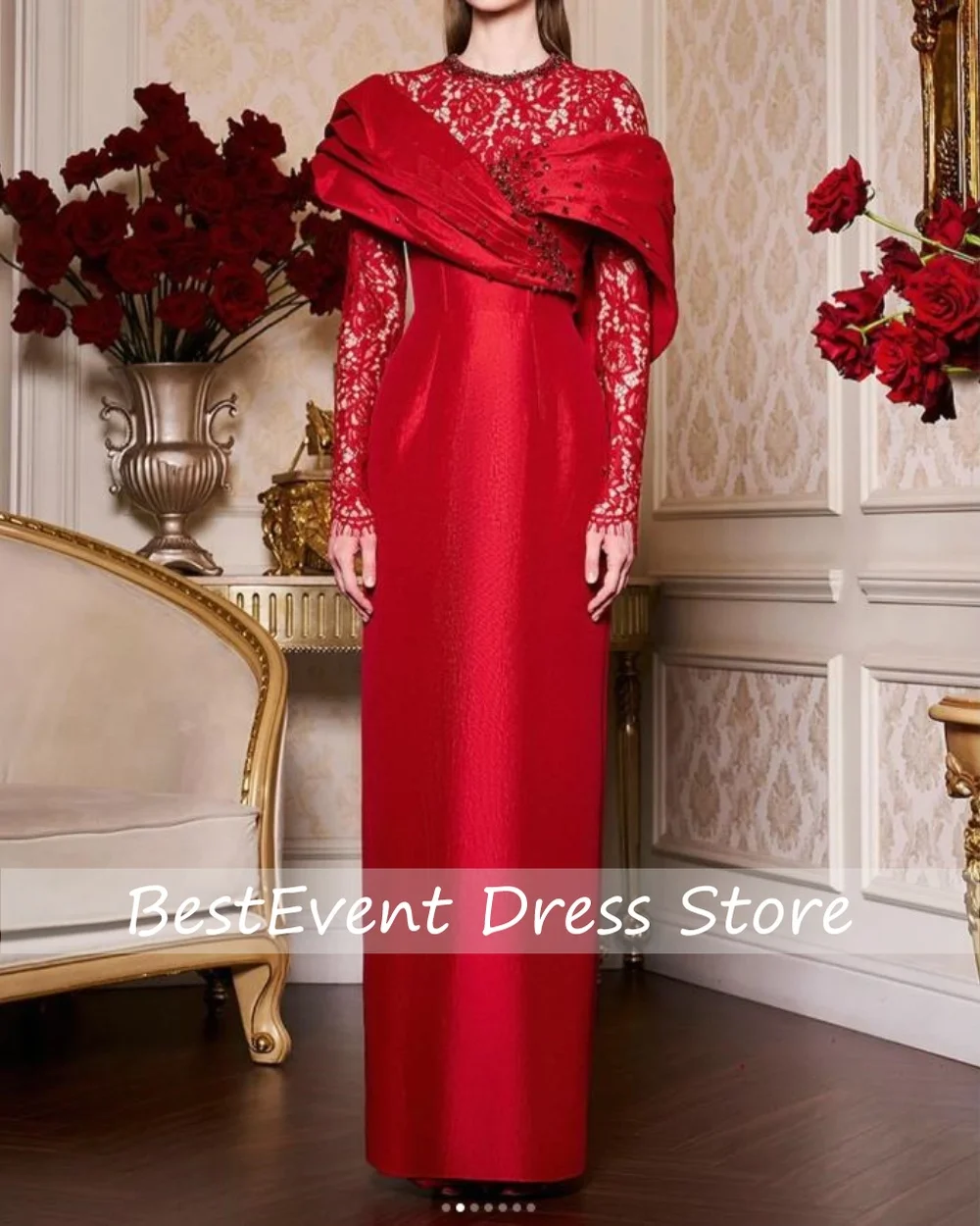 

Customized O-neck Beading Prom Bridal Gown Luxury Lace Straight Floor Length Dresses Evening Party Dresses for Women