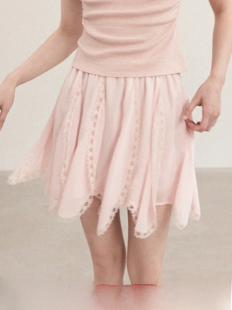 

Pink Lace Splice Asymmetrical A-Line Skirt Women's Spring Versatile Short Skirts Breathable Skin-Friendly High Waist Pol...
