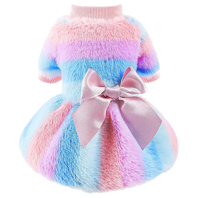 Princess Dog Dresses for Small Dogs Girl, Winter Puppy Sweater Clothes Rainbow Striped Warm Fleece Pet Dress Skirt Cat Apparel