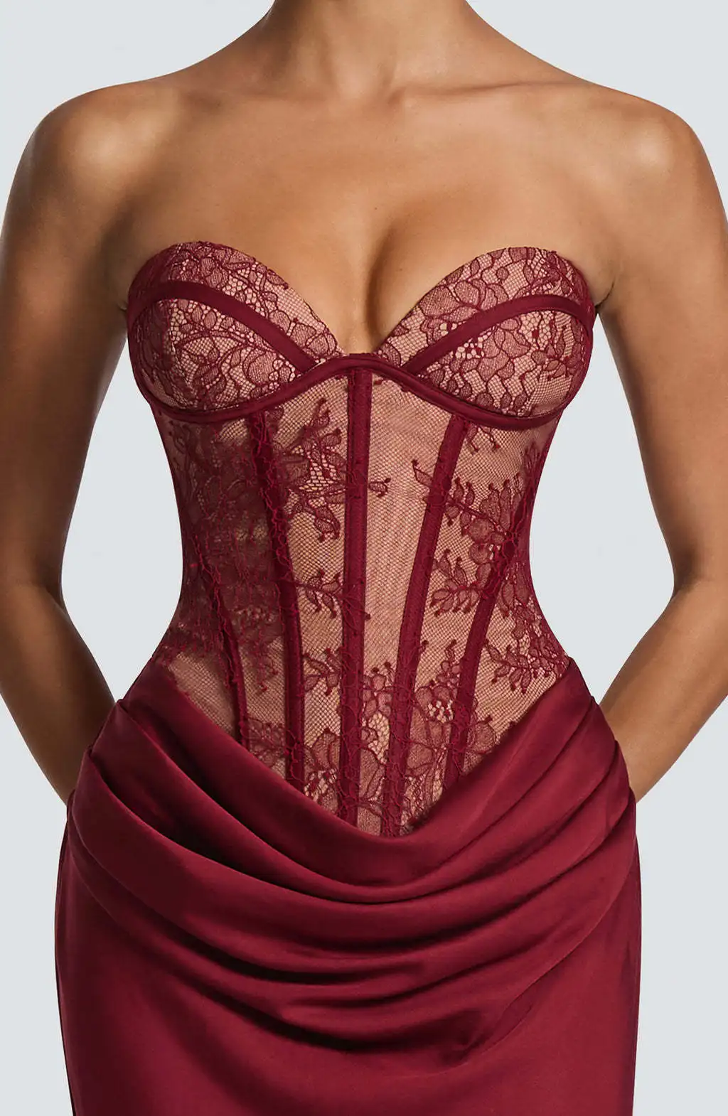Trägerloses Spitzenkorsett-Maxikleid im Meerjungfrauenstil für Damen, drapiertes formelles Abendkleid für Partys – Detail 4