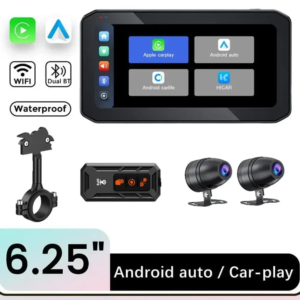 Portable 6.25 inch IP67 Waterproof Motorcycle GPS Navigation Wireless Carplay Android Auto DVR Drive Recorder Moto Monitor WIFI