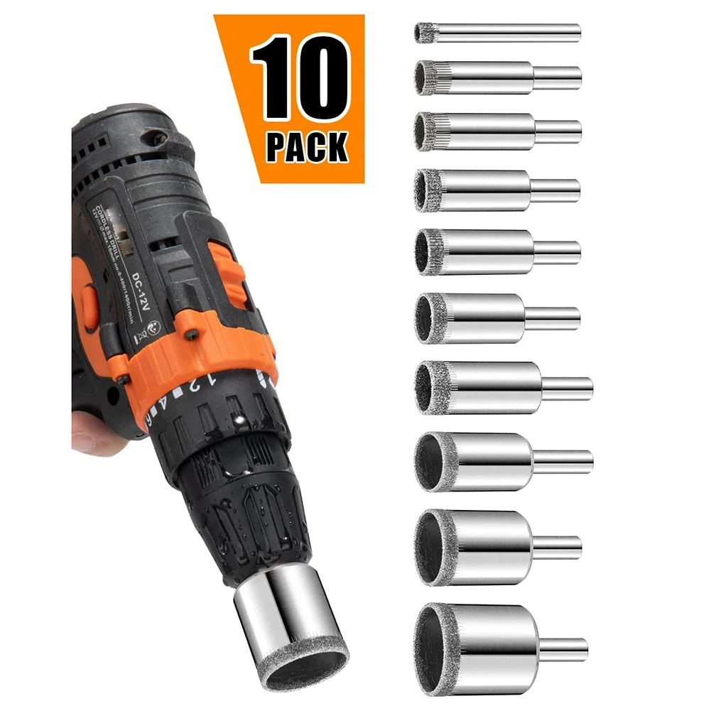 Diamond Drill Bits Set, 10 PCS Diamond Hole Saw Set, Glass Drill Bit for Ceramic Tile Porcelain Marble Bottles