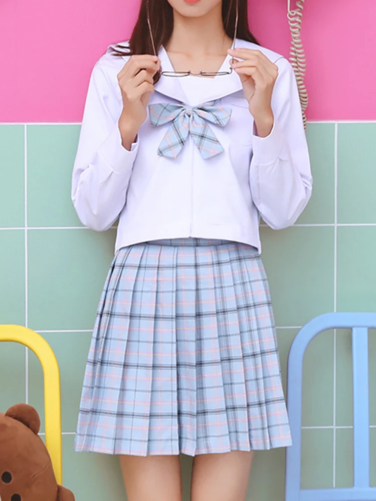 Conjunto de uniforme escolar japonés para mujer, faldas plisadas de cintura alta JK, traje básico de marinero de dibujos animados, azul marino