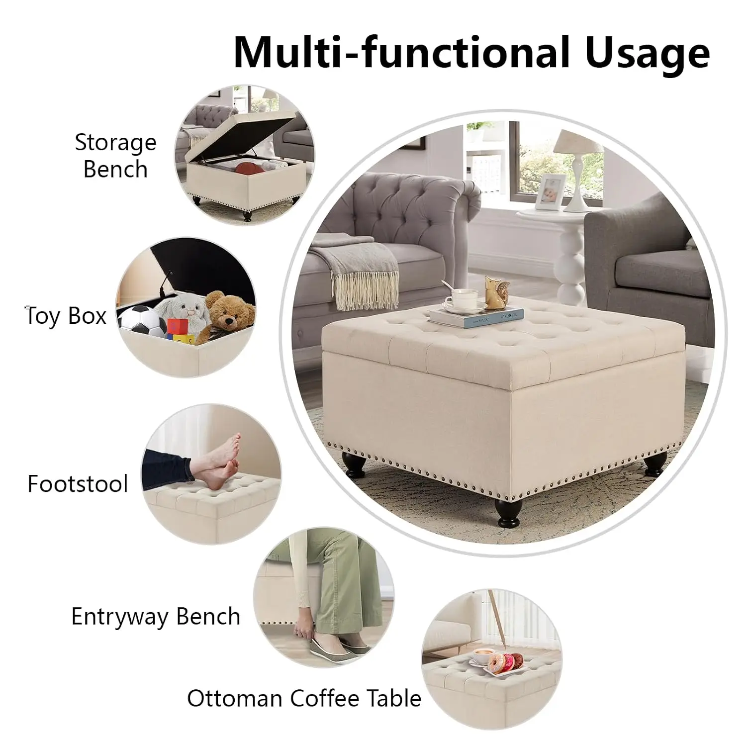 Button Tufted Linen Ottoman Foot Stool, Beige, Customized
