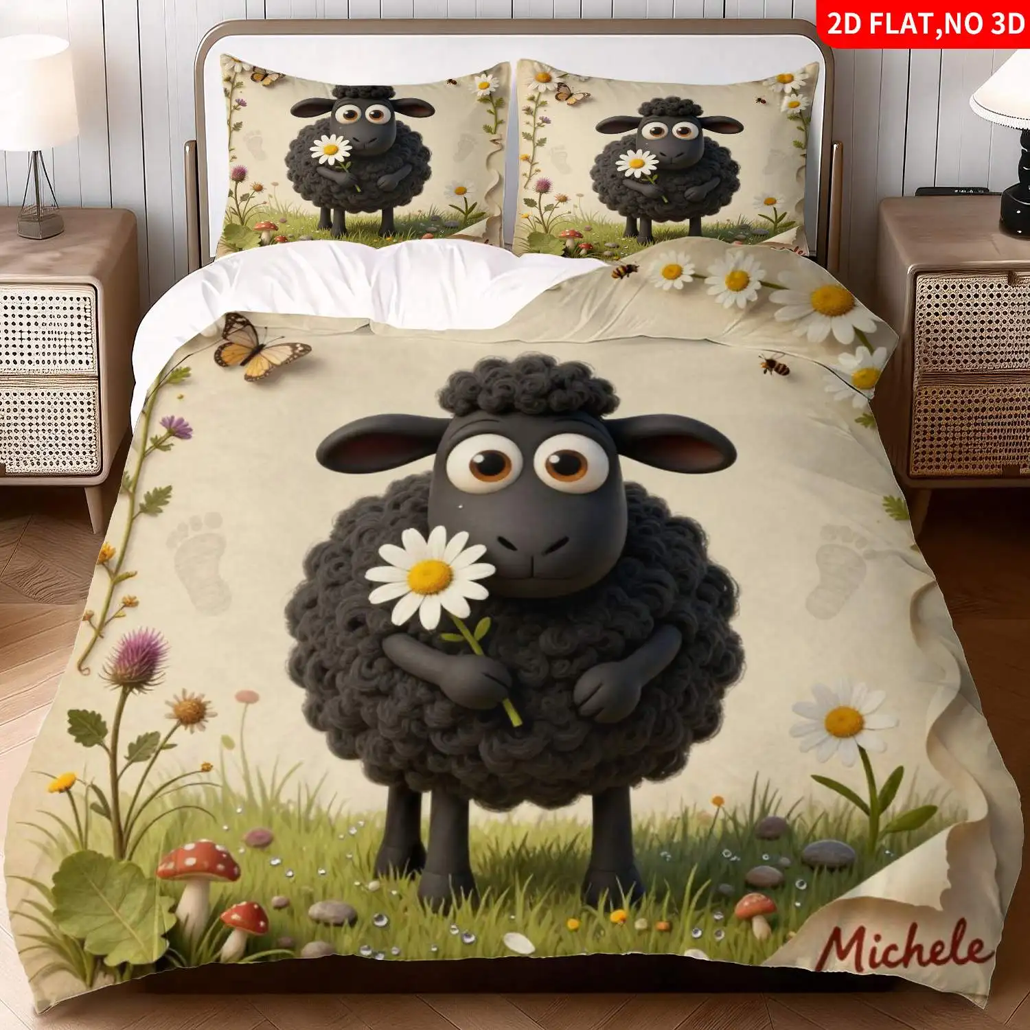 3-Piece Quilt Cover Set, Printed with Cute Cartoon Style Sheep and Daisy Theme, Bedding with Black and White Floral Animal Prints, Machine Washable, Invisible Zipper, Three-Piece Quilt Cover Set, Bedding Set, Suitable for Home, Dormitory, Master Bedroom, Guest Room