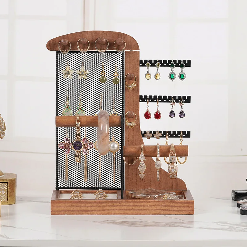 Jewelry Organizer Stand Wooden Multi-Tier Jewelry Display Rack,Anti-tangle Necklace Holder,Jewelry Stand with Velvet Tray
