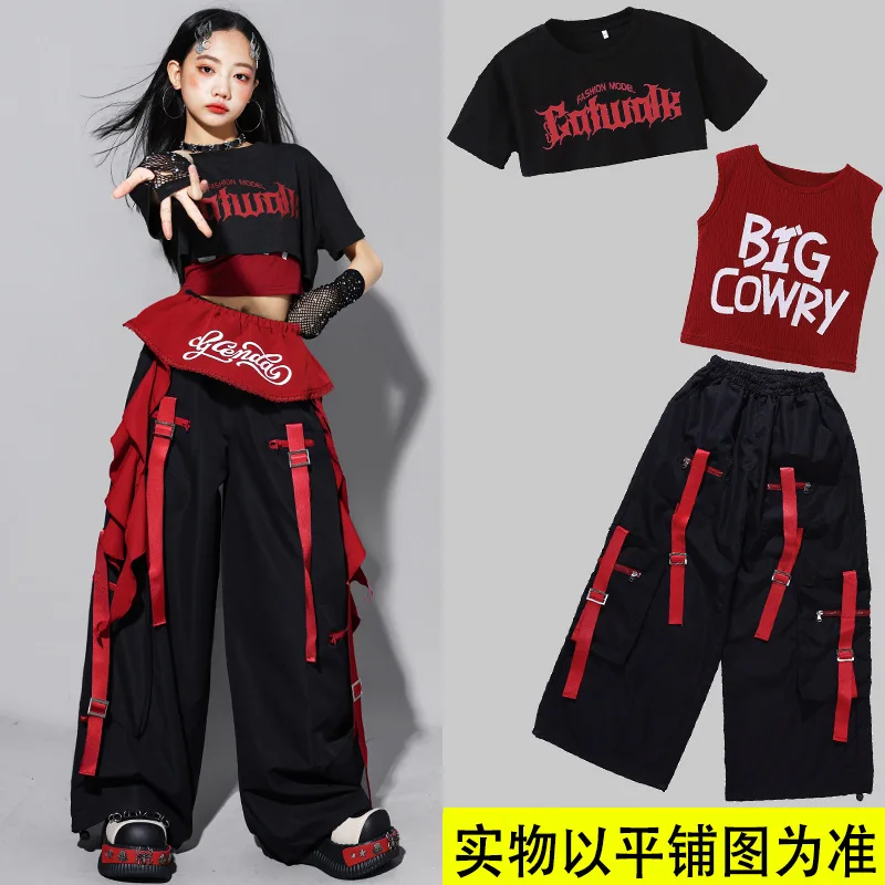 Girls Hip Hop Crop Top Black Cargo Pants Children Streetwear Girl Group Costume Kids K-pop Street Dance Jazz Teen Clothes Set