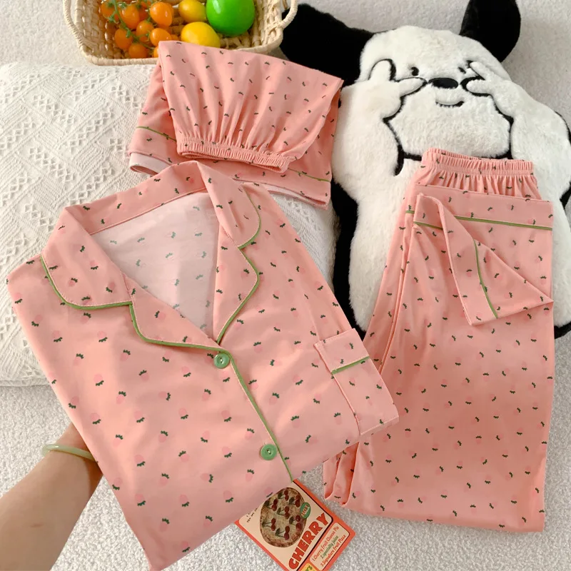 

Mori Sweet Cute Little Strawberry Ins, милые забавные пижамы, женские летние комплекты из трех предметов с короткими рукавами, домашняя одежда, реальные фотографии