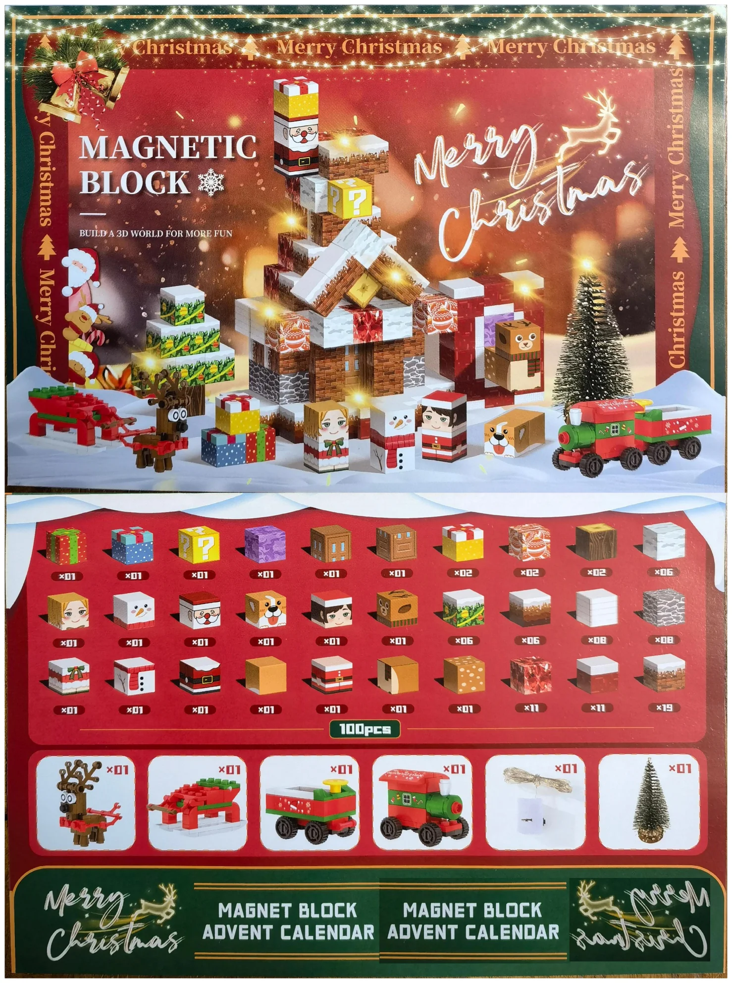 Magnetyczne klocki konstrukcyjne Kalendarz Adwentowy Świąteczny STEM Montessori Sensoryczne Kostki do Układania Zabawki dla dzieci od 3 lat Prezenty dla chłopców i dziewczynek