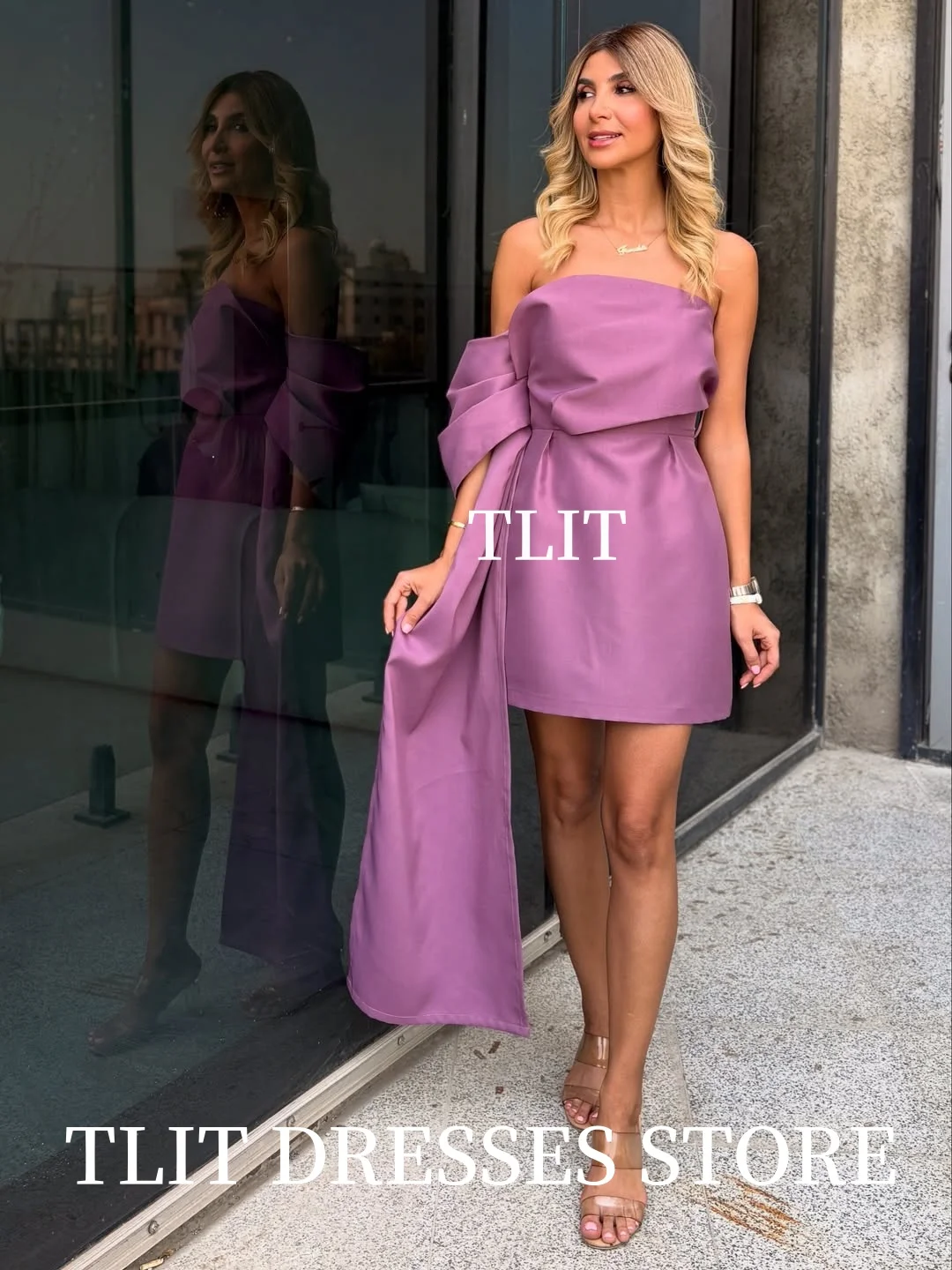 فستان سهرة قصير من الساتان والحرير باللون الأرجواني البسيط من TLIT بدون حمالات بدون أكمام فساتين حفلات مشد مخصصة للحفلات الرسمية
