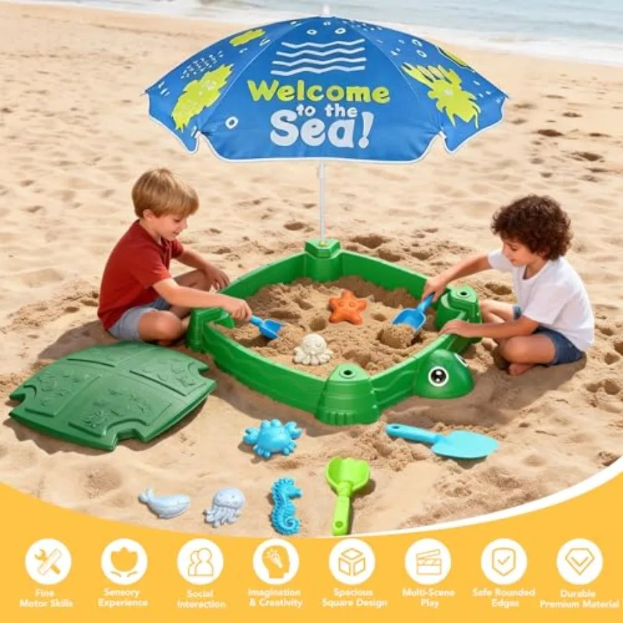 Outdoor sandbox for toddlers 3+, durable plastic, blue, includes lid and adjustable UV-blocking umbrella, 6 molds 4 shovels