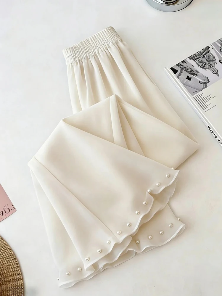 Elegant Loose Wide Leg Pant Women Fashion Pearls Buttons Sweet Trousers Summer Chic Casual Female High Waist Ins Solid Pants New