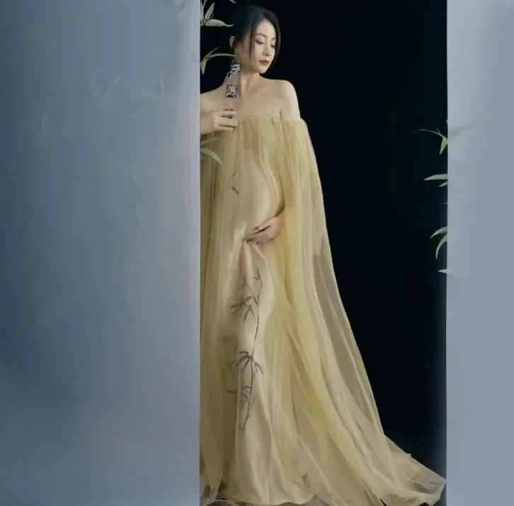 Women Photography Props Chinese Vintage Elegant Maternity Dresses Mesh Pregnancy Dress Studio Shooting Photoshoot Photo Clothes