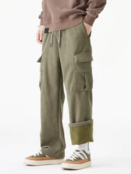 Pantalones de chándal de PANA con múltiples bolsillos para hombre, pantalones Cargo de punto con forro polar, gruesos, cálidos, informales, sueltos y rectos, Invierno