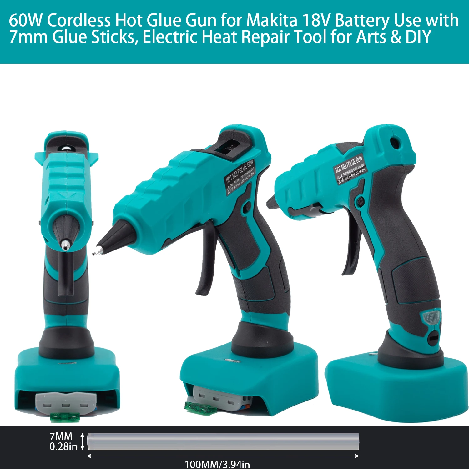 60W Cordless Hot Glue Gun for Makita 18V Battery Use with 7mm Glue Sticks, Electric Heat Repair Tool for Arts & DIY