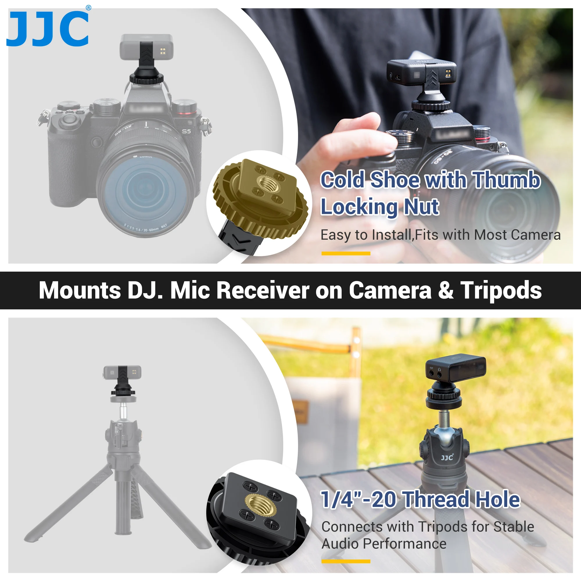 JJC Cold Shoe Adapter Mount for DJI Mic Fits Camera Hot Shoe Mounted with 1/4-20 Tripod Adapter For Live Streaming Short Film