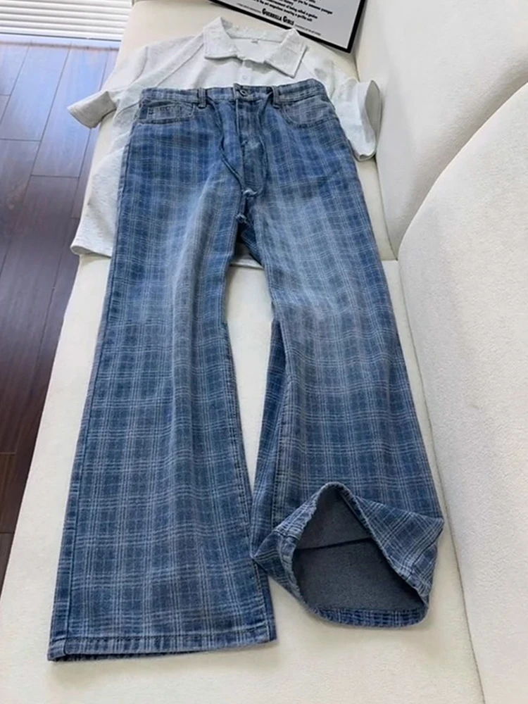 

Синие мужские джинсы Lazy Sle в клетку Cleanfit High Street Design, повседневные свободные джинсы с прямыми штанинами, средняя талия, застежка-молния