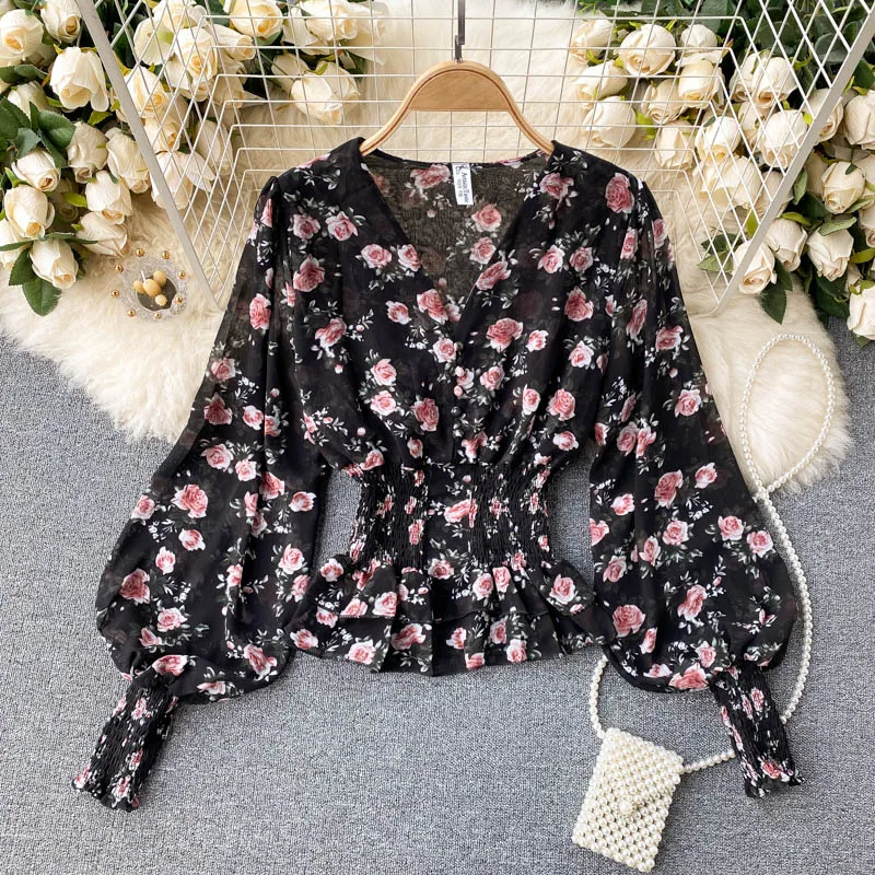 Elegant Sexy puff lool sleeve v neck Edible Tree Fungus Blouse Chic Pullover Vintage Shirt  Korean Women Summer Top