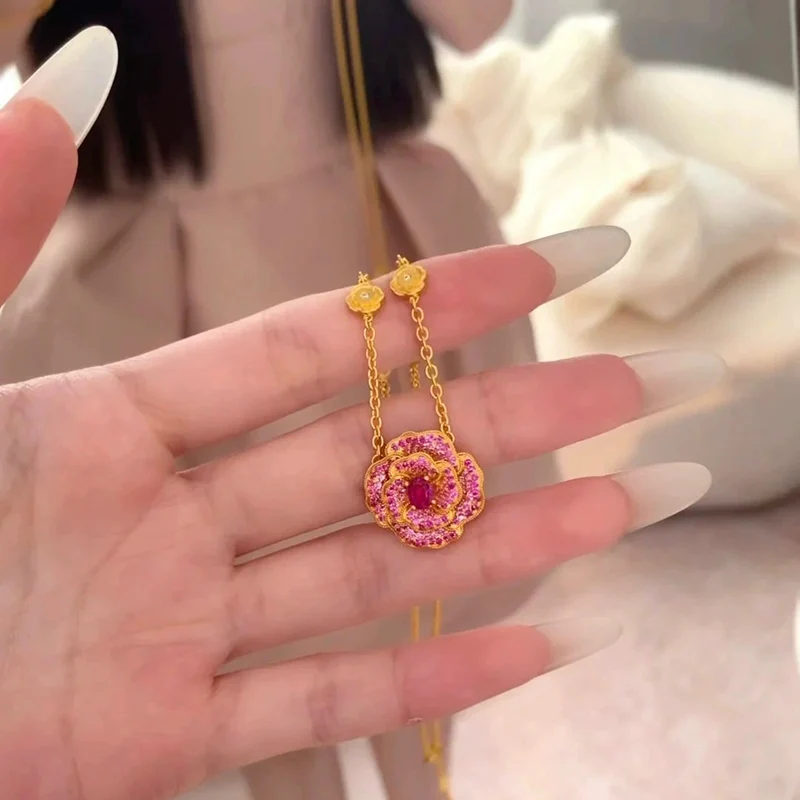 New Red Peony Necklace with Gold Electroplating Luxurious and High-end Red Corundum Rose Necklaces for Women Chic Gift KOFSAC