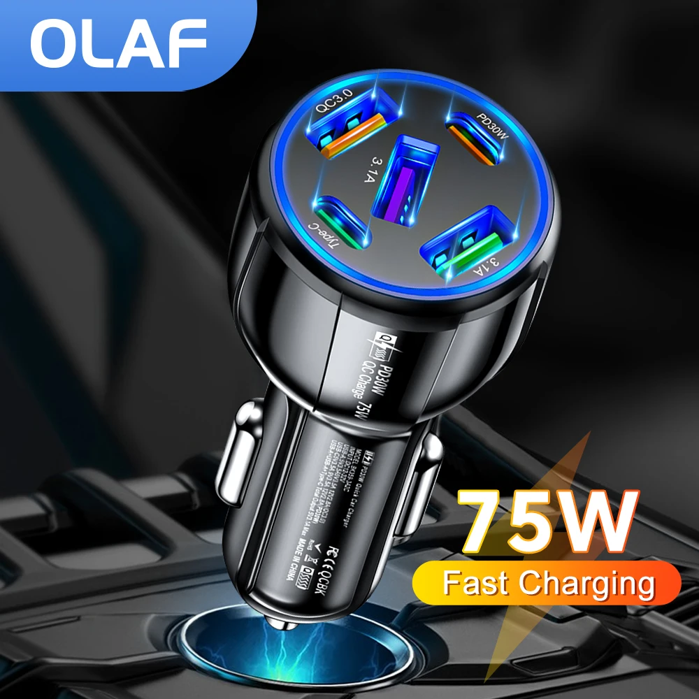 OLAF 5 Port 75W USB Car Chargers Type C Car Charger Fast Charging PD QC3.0 Phone Charger in Car For iPhone Xiaomi Huawei Samsung