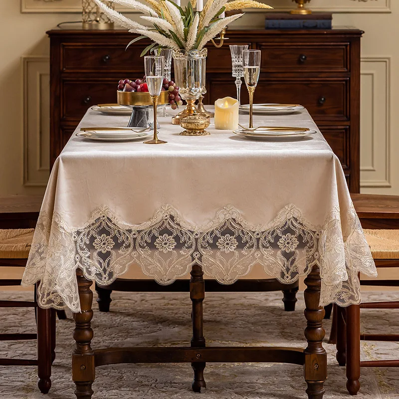 EIFLOY-Vintage French Velvet Tablecloth, Embroidered Lace Trim Luxury Dining Rectangle Table Cover, for Wedding Table Decor