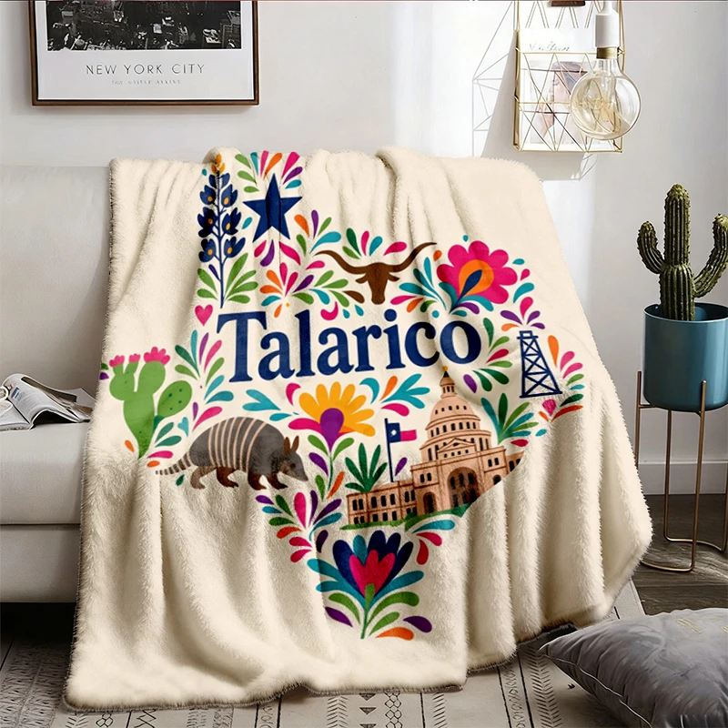 Talarico Map Floral Flannel Blanket, Retro Texas Souvenir Throw, Western Armadillo Gift
