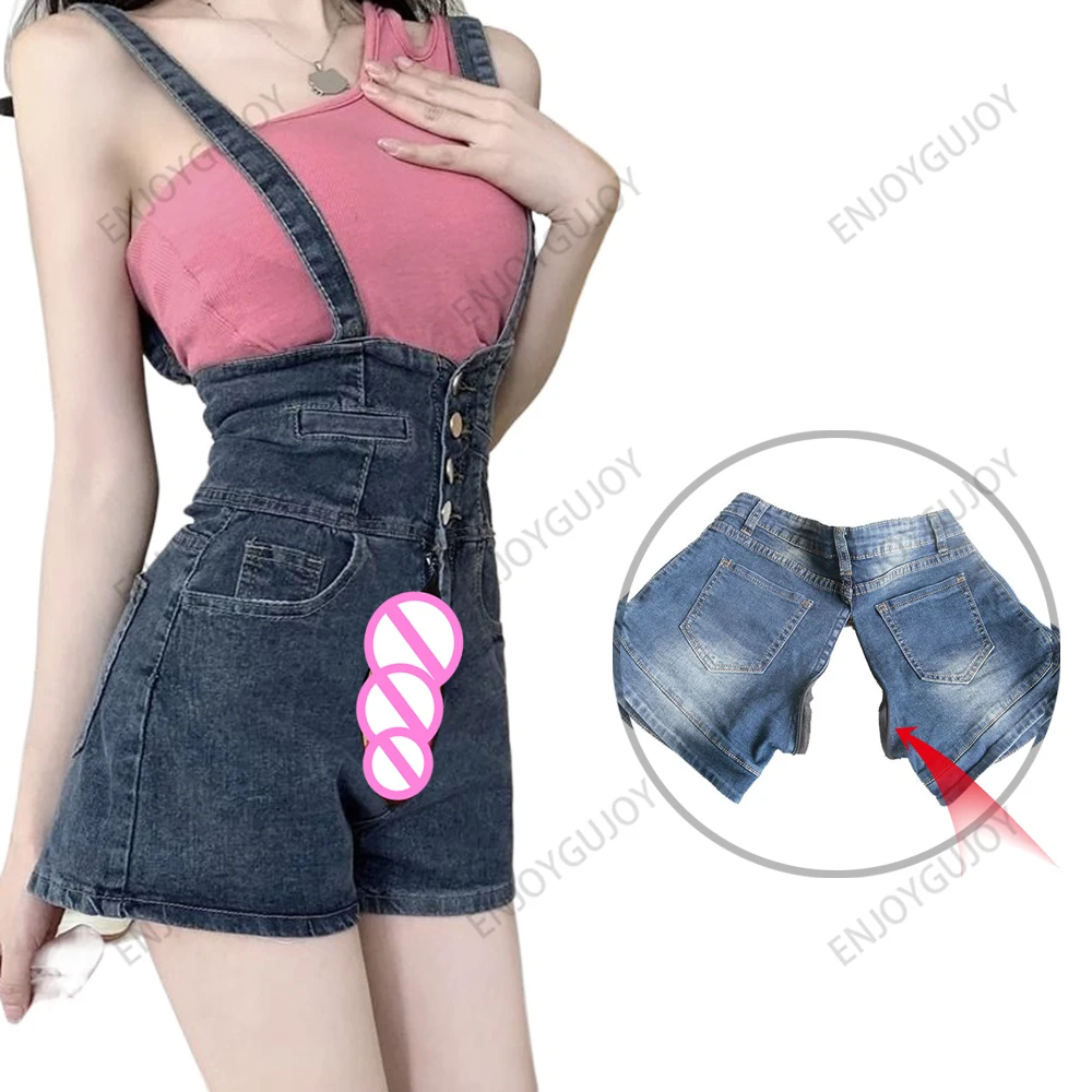 

Girl Overalls，Jumpsuit Denim Shorts Women，Invisible Open Crotch Outdoor Sex，Summer High Waist Jeans，Streetwear Fashion Hot Pants