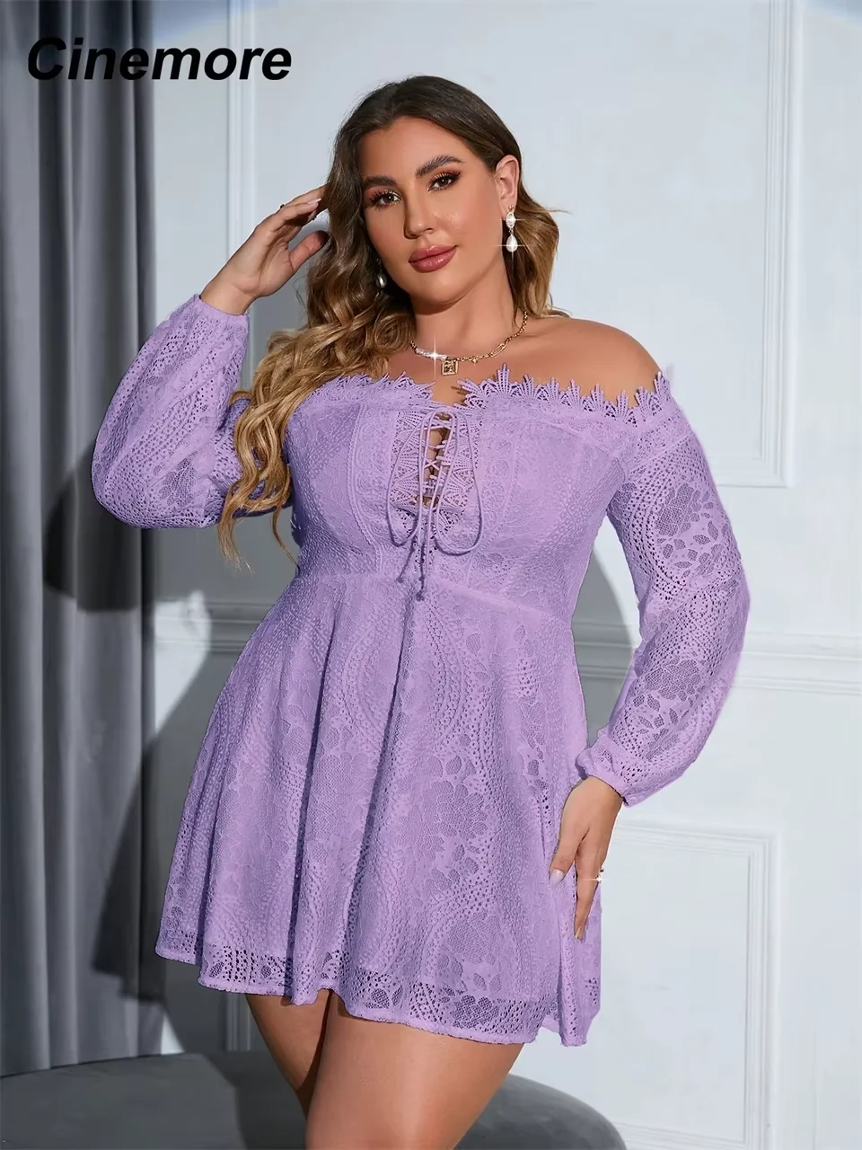 Cinemore Plus Size Dresses for Women Sexy Off Shoulder Lace Up A Line Mini Lace Dress Chic Elegant Woman Dress Long Sleeves 1102