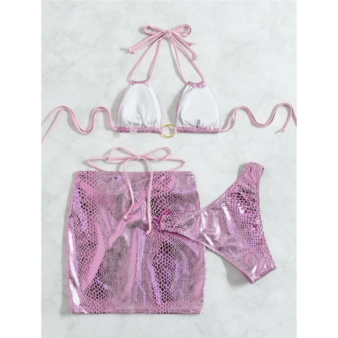 Sexy mit Rock, glänzender Schlangenhaut-Bikini, Damen-Badebekleidung, dreiteiliges Bikini-Set, Badeanzug, Badebekleidung, Schwimmbekleidung V4237 – Detail 17