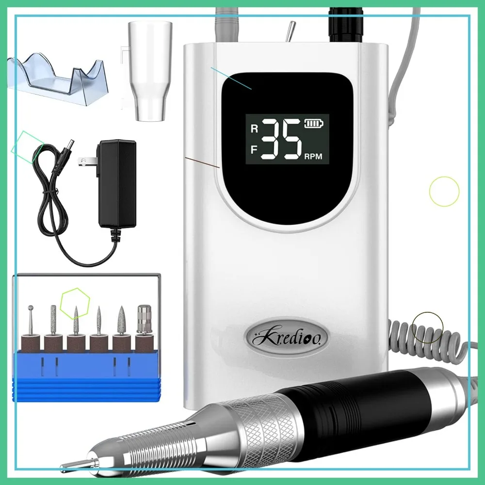 

Аккумуляторная машинка для маникюра 35000 об/мин с 6 насадками и шлифовальными лентами, портативный перезаряжаемый фрезер для акриловых гелей, для салонов красоты