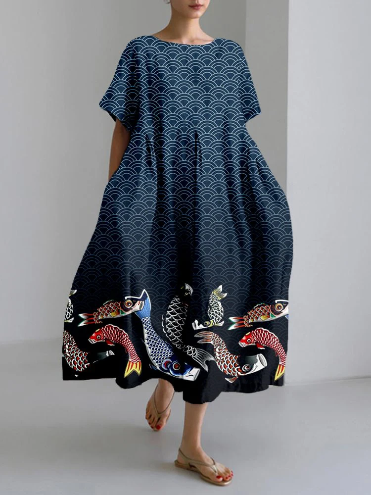 2024 New Women\'s Round Neck Long Casual Dress Summer Large Size Fresh Fish Print Dress Street Vacation Short-sleeved Dress