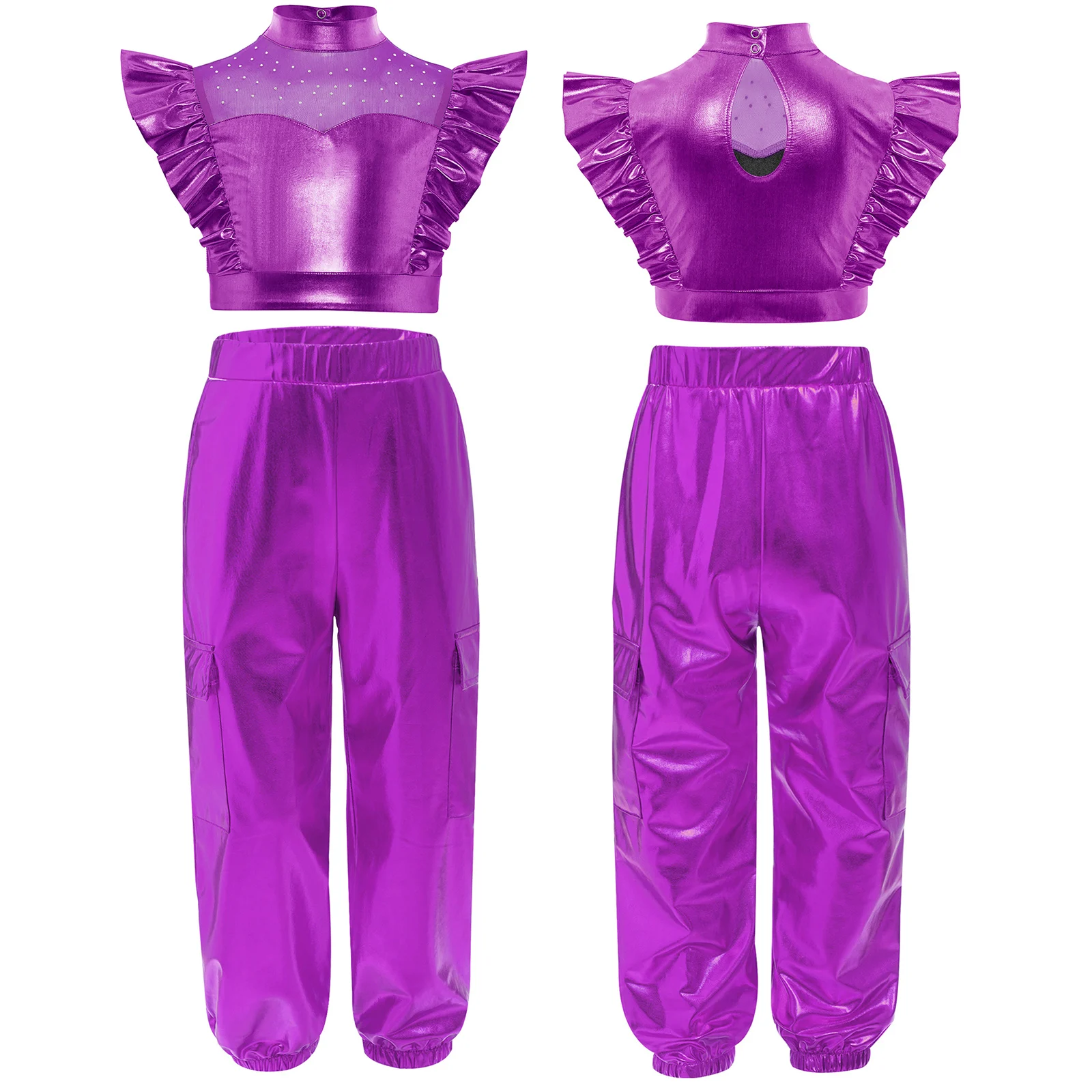 Teen Girls Metallic Shiny Hip Hop Jazz Street Dance Outfit Sleeveless Rhinestone Mesh Crop Top with Pants for Stage Performance