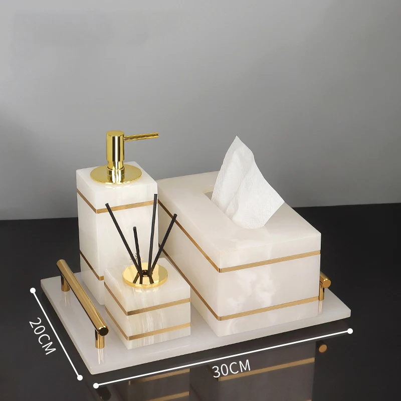 White Onyx Natural Marble Bathroom Accessories Luxury Golden Soap Dispenser Toothbrush Holder Soap Dish Tray Set for Bathroom