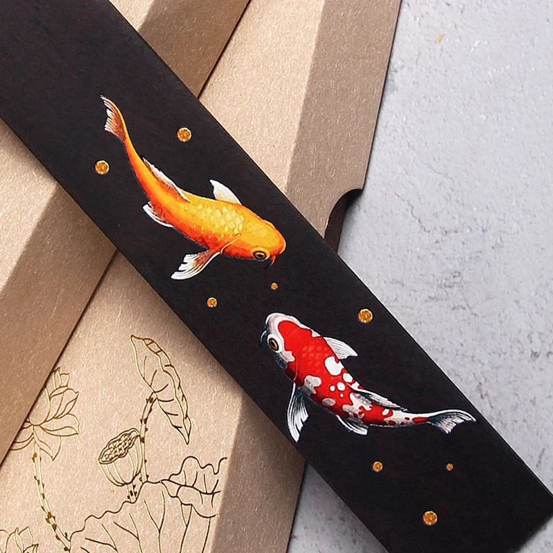 Chinese Style Retro Painted Koi Carp Wooden Bookmark Tassel Pendant Creative Book Mark Students Supplies Stationery Accessories