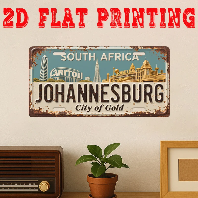 2D Flat, 1pc Johannesburg City of Golden Metal Sign - Vintage South Africa Landmark Wall Art with Iconic Landmarks