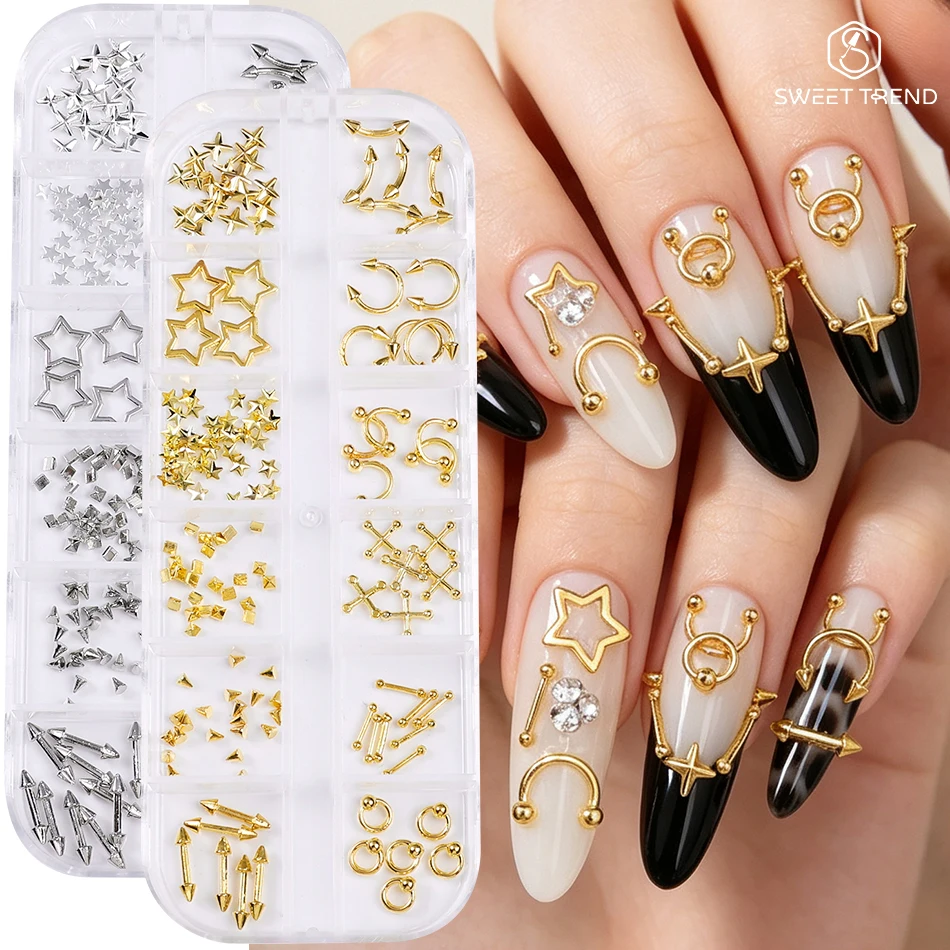 12Grids Gothic Punk Alloy Nail Charms 3D Star Piercing Curve Arrow Gold Sliver Nail Rivet Y2K Parts DIY Halloween Manicure Decor