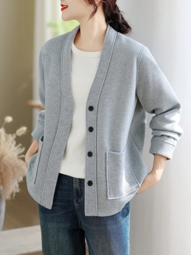 Cotton Knitted Sweatshirt Jacket Women's Loose Casual V-neck Baseball Jacket Open Cardigan Top Autumn Fashion Elegant