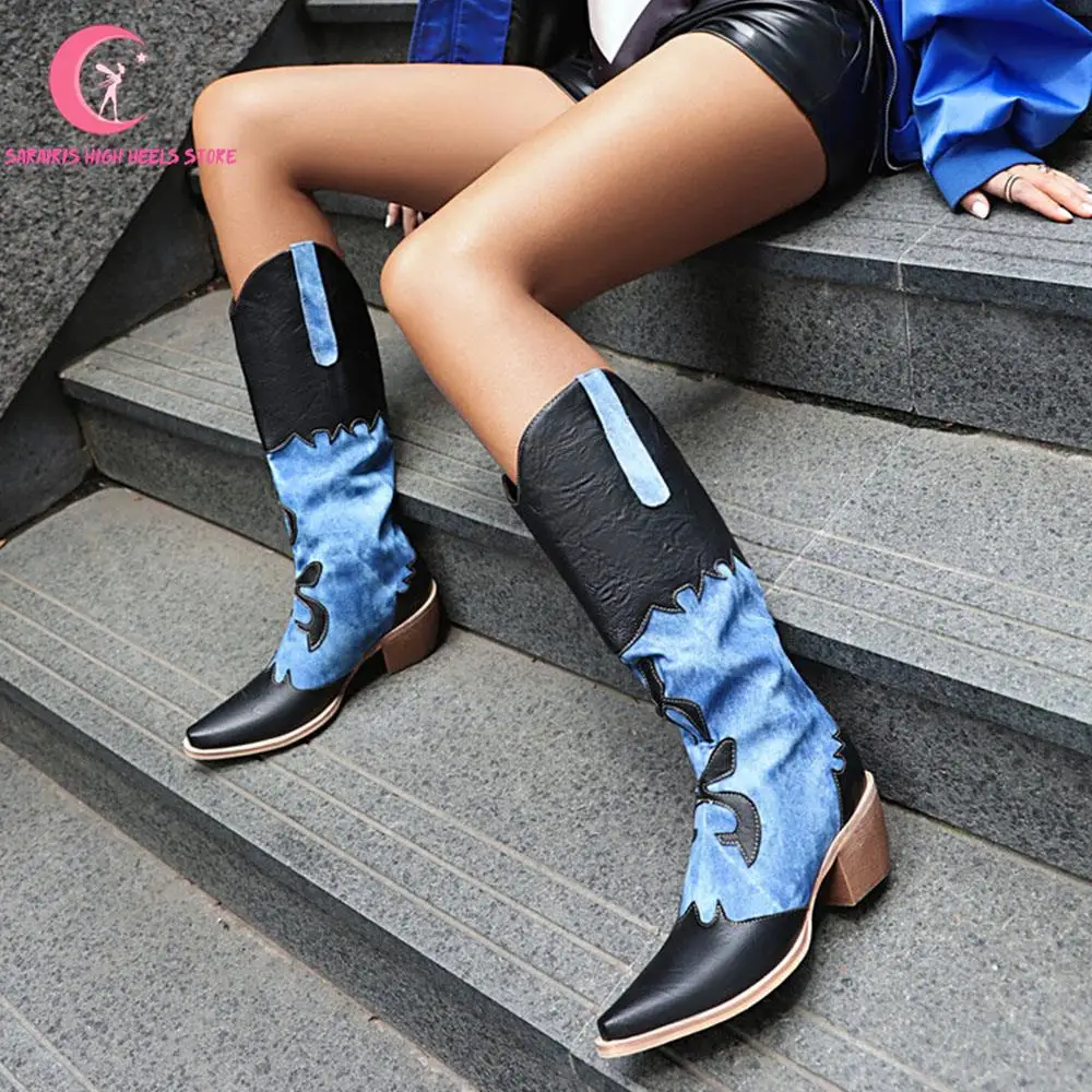 Cowgirl Embroidery Platform Chunky Women Western Boots Brand New High Heel Vintage Pointed Shoes Women Butterfly Pattern Boots