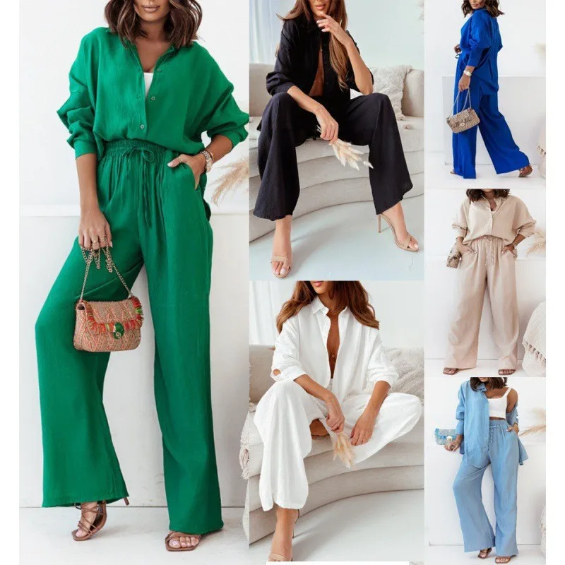 Women's Elastic Long Wrinkled Shirt Wide Leg Pants Set Ladies Fashion Casual Two Piece Set Wide-leg Trousers and Shirt Outfit