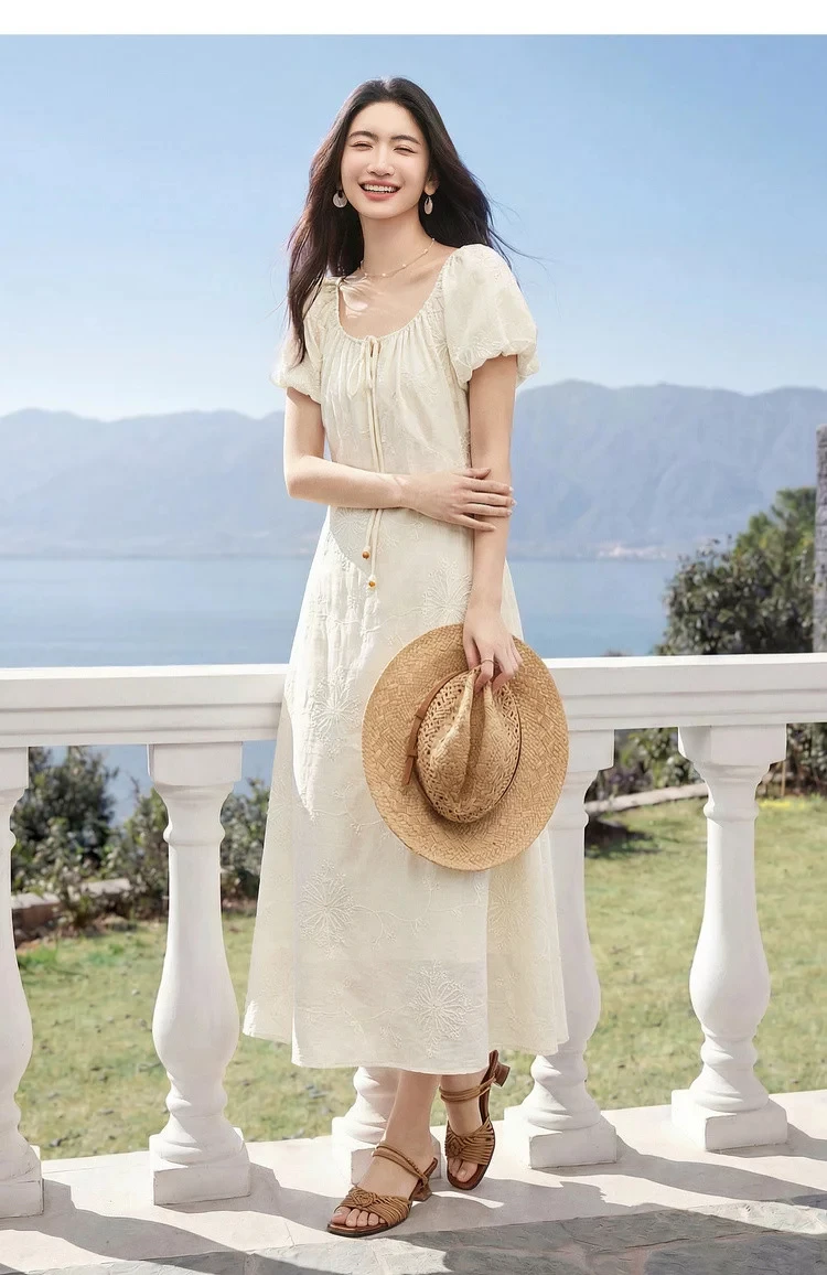 SENTUBILA Damen Lyocell-Kleider 2026 Sommer Elegantes Resort-Style A-Linien-Midikleid mit Wendehals und Stickerei für den Strand 162LO5639 – Detail 24