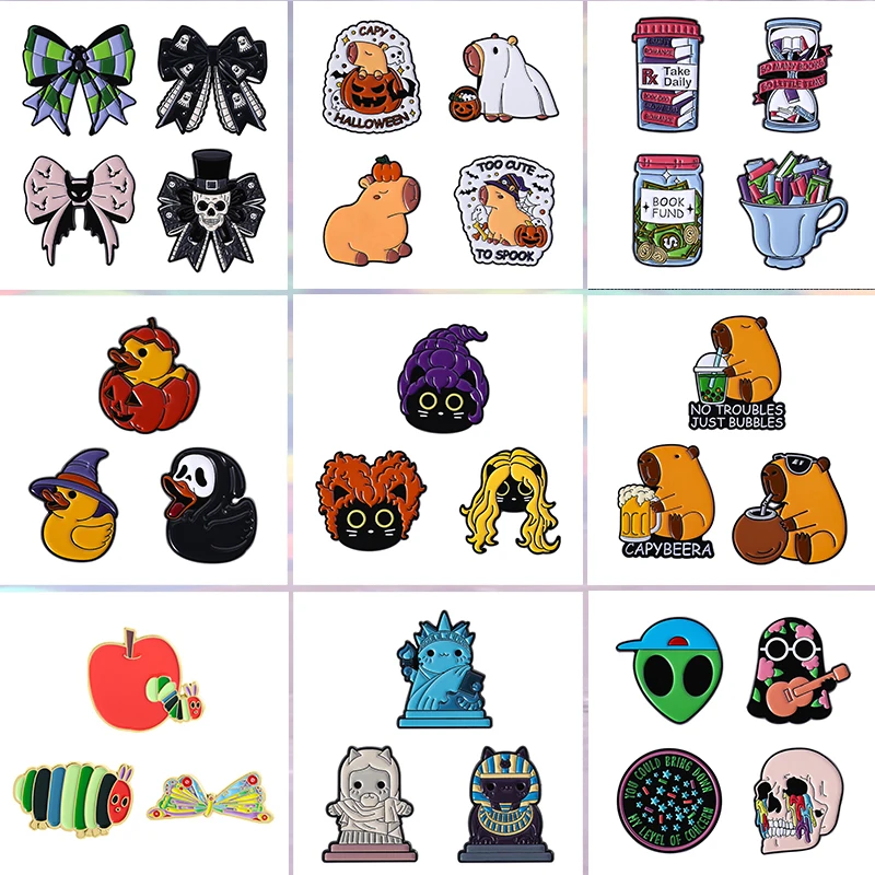 2-5Pcs/Set Punk Halloween Capybara Pumpkin Skull Bowknot Brooch Enamel Pins Cute Doctor Cat Brooches Lapel Badge Jewelry Gifts