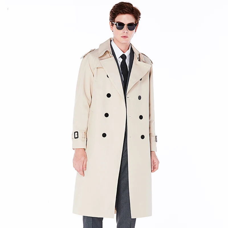 

Extra long knee length trench coat men's double breasted black cotton polyester British fashion custom windbreaker jacket men