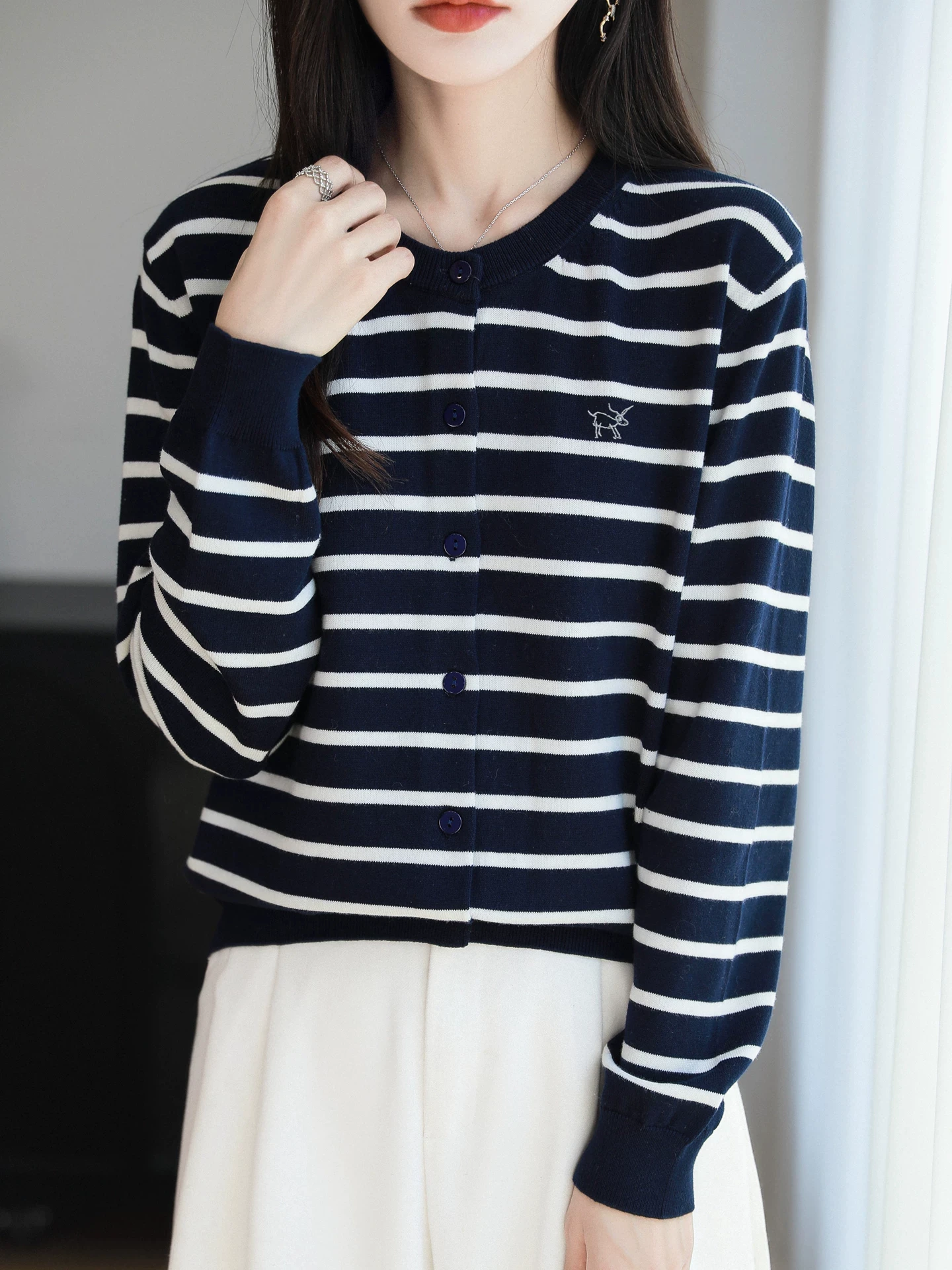 Autumn Winter New Style Women's Knitted Long Sleeve round Neck Embroidered Cotton Thread Open Cardigan Loose Fit Base Layer S...