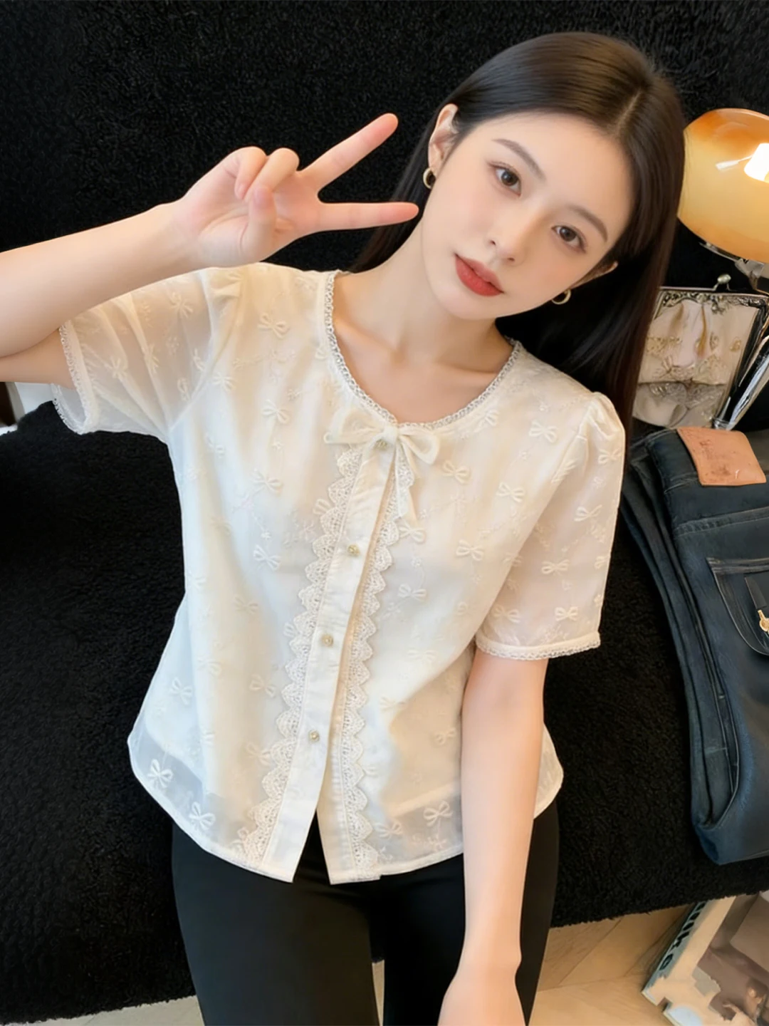 

Elegant round Neck Short Sleeve Embroidered Lace Shirt Women's Summer New Style Knot Unique Beautiful Top