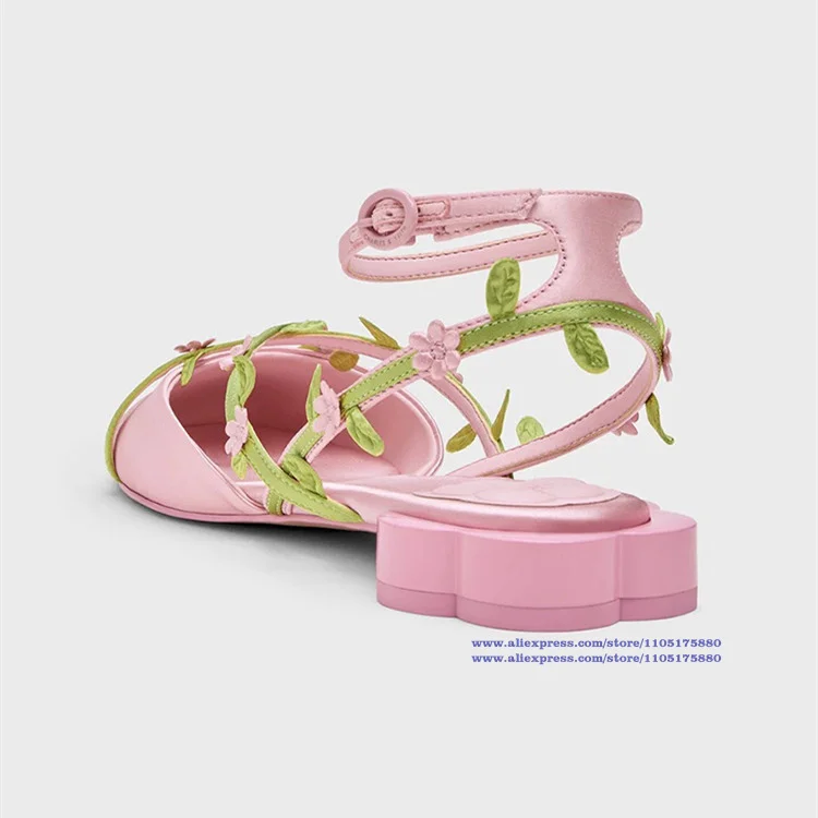 Pink Satin Floral Leaf Crisscross Flat Sandals Vine Leaf Flower Decor Open Toe Slip On Mules Slides Sandalias De Mujer Verano