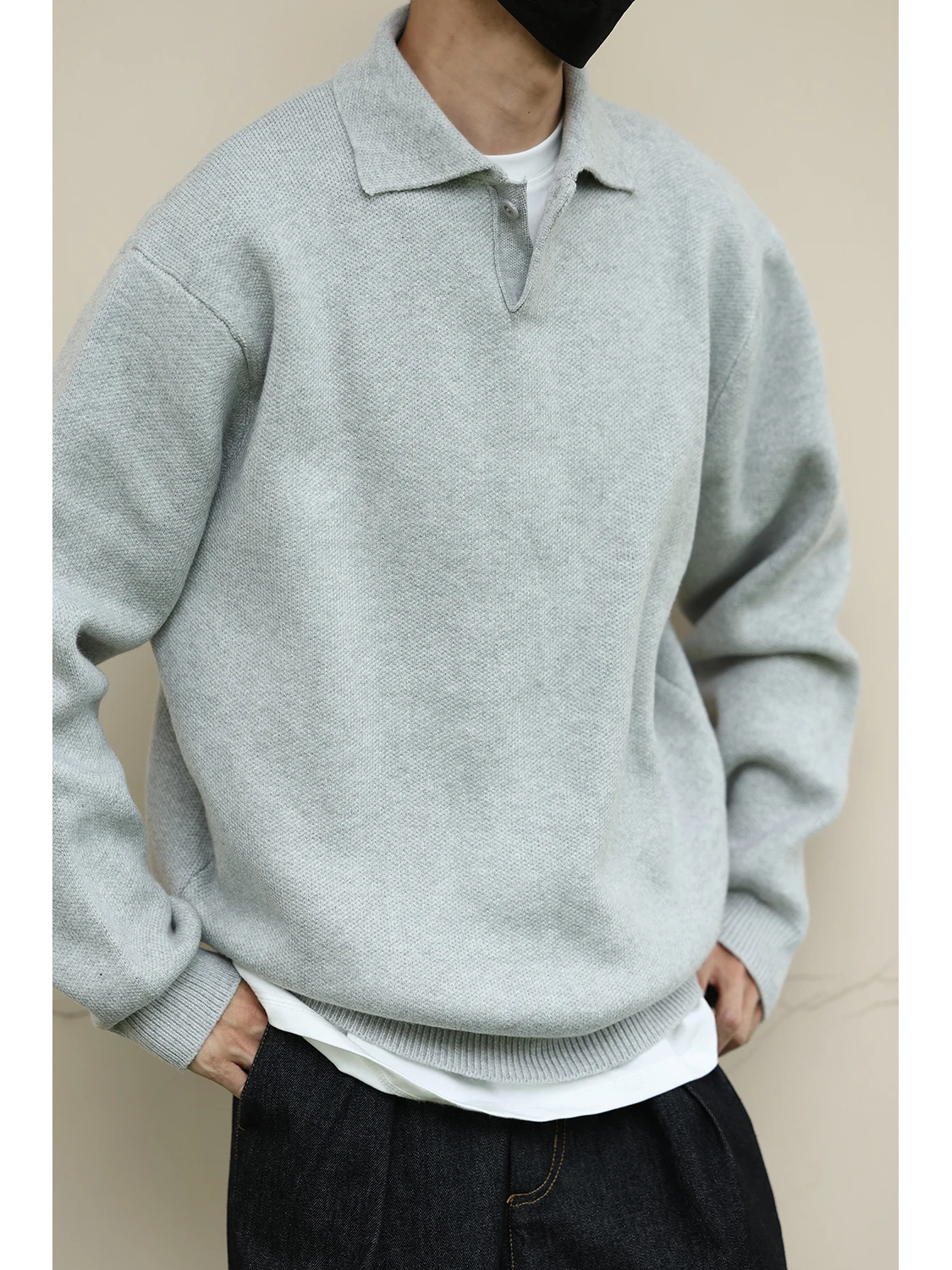 

Мужская трикотажная футболка с длинным рукавом и воротником LH Store в японском стиле, базовая, свободного кроя, универсальная, для осени и зимы