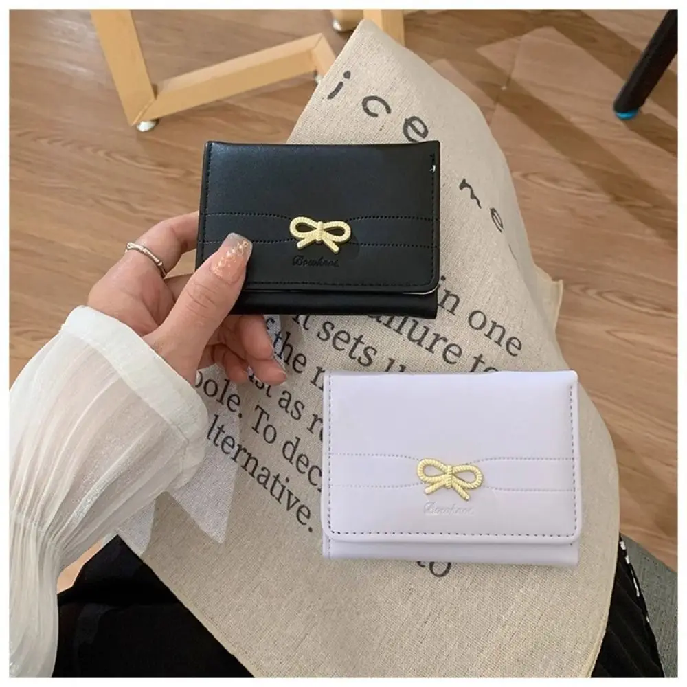 Simple Cute Bow Tri-fold Short Wallet PU Multiple Card Positions Small Wallet Multifunctional Card Holder Daily Use