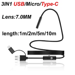 3IN1 USB/Micro/Type-C Lens 7mm Android Industrial Endoscope Camera IP67 Waterproof 6LEDs Adjustable Inspection piping 1m/2m/5m
