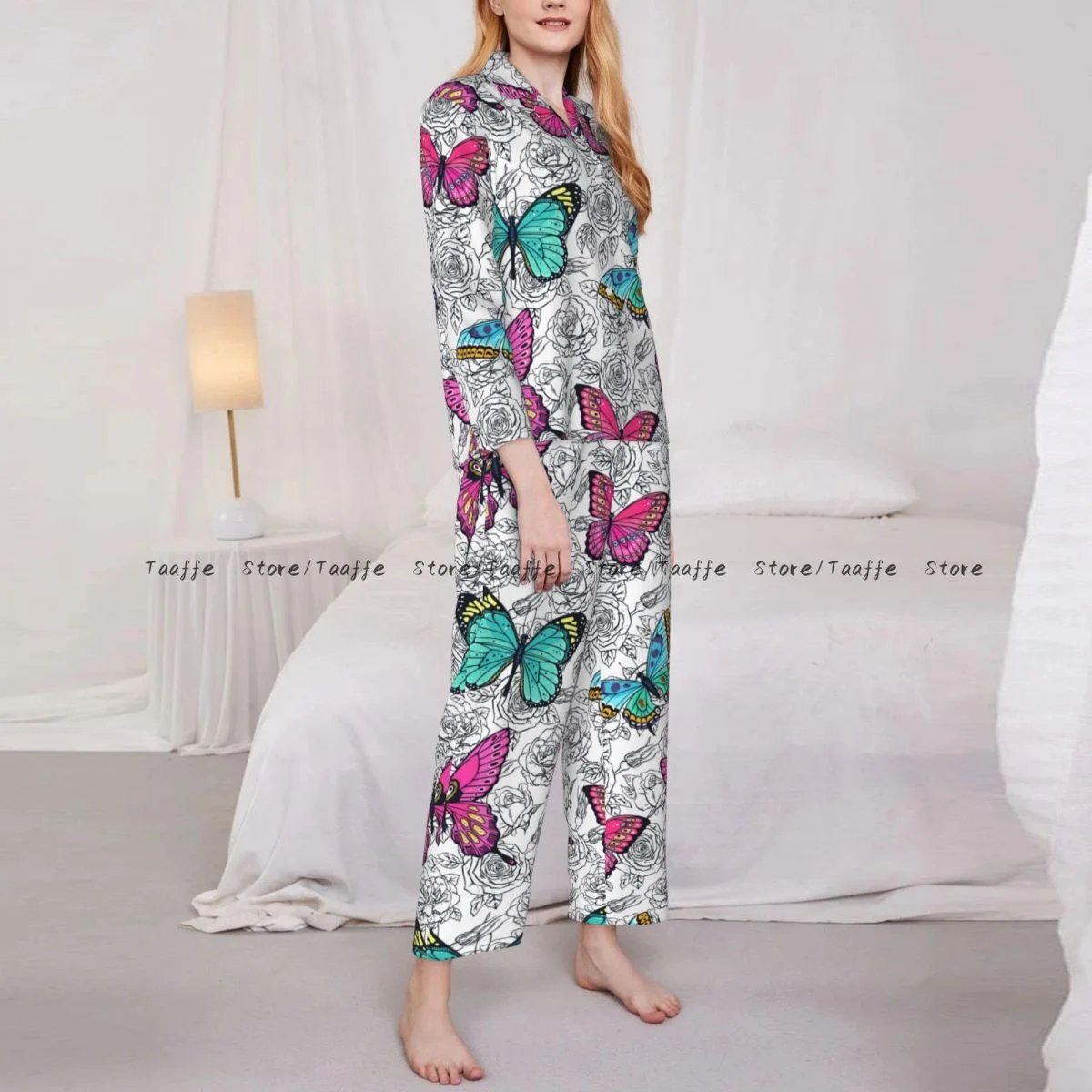 Spring and Autumn Pajama Set Women's Long Sleeve Pants Two Piece Hand Drawn Roses And Colorful Butterflies Home Furnishing Set